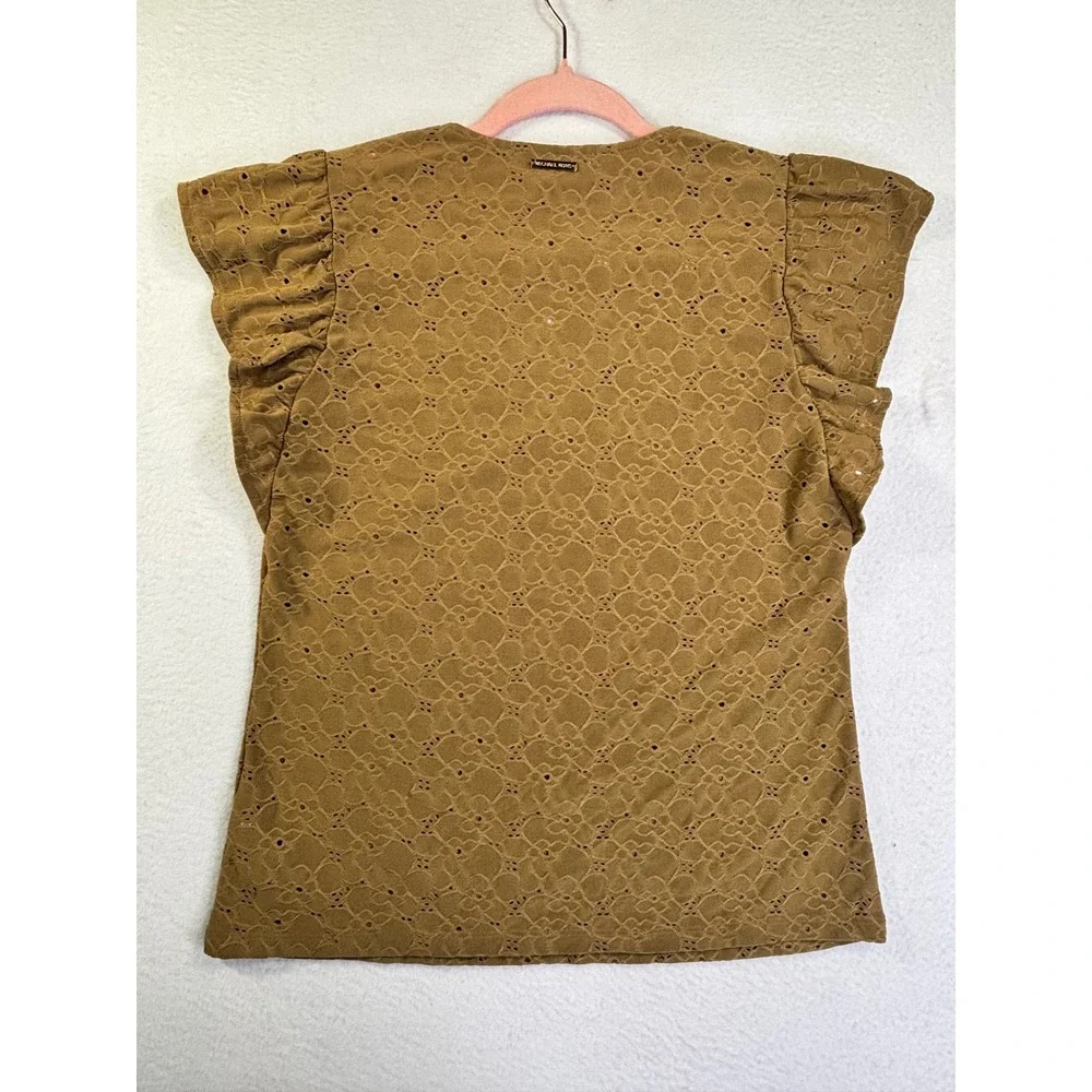 Michael Kors Women Brown Eyelet Flutter Sleeve V-Neck Top Blouse Small